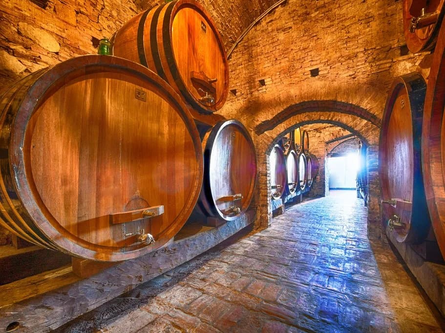 Large wooden barrels and wine bottles line a dimly lit, vaulted brick corridor in an underground wine cellar.