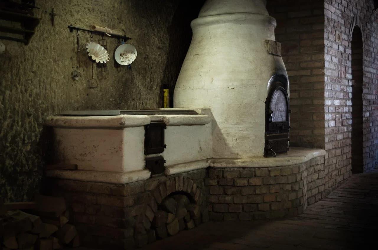 The interior of a traditional cellar with an old stone oven and a brick-walled corridor.