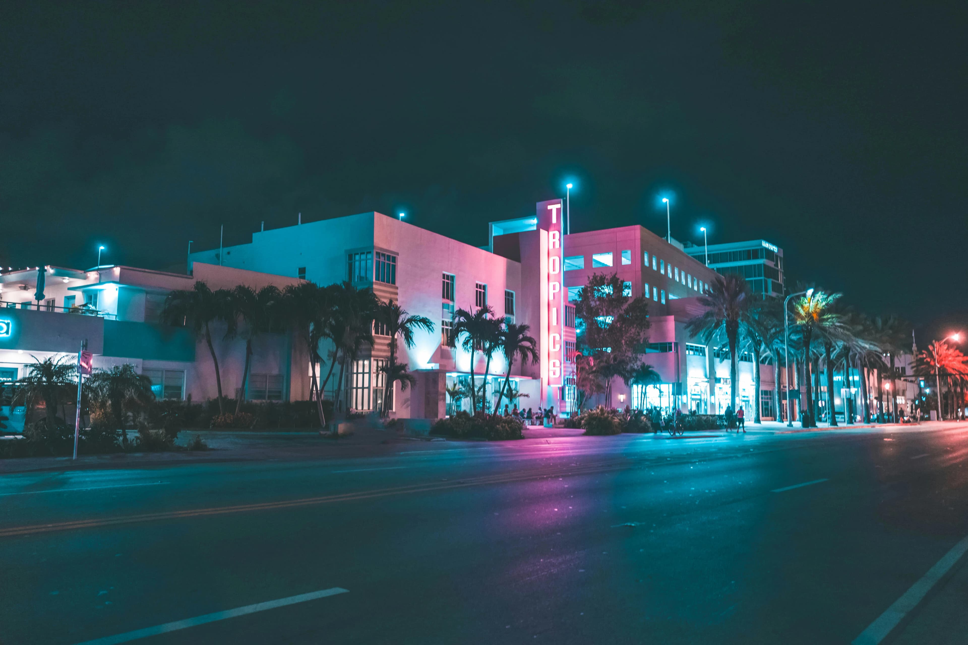 A row of colorful neon signs and palm trees illuminates a bustling street at night, capturing Miami's vibrant nightlife.