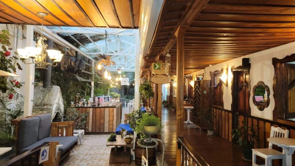 The interior of a cozy, rustic restaurant with wooden walls, hanging lights, and lush potted plants.
